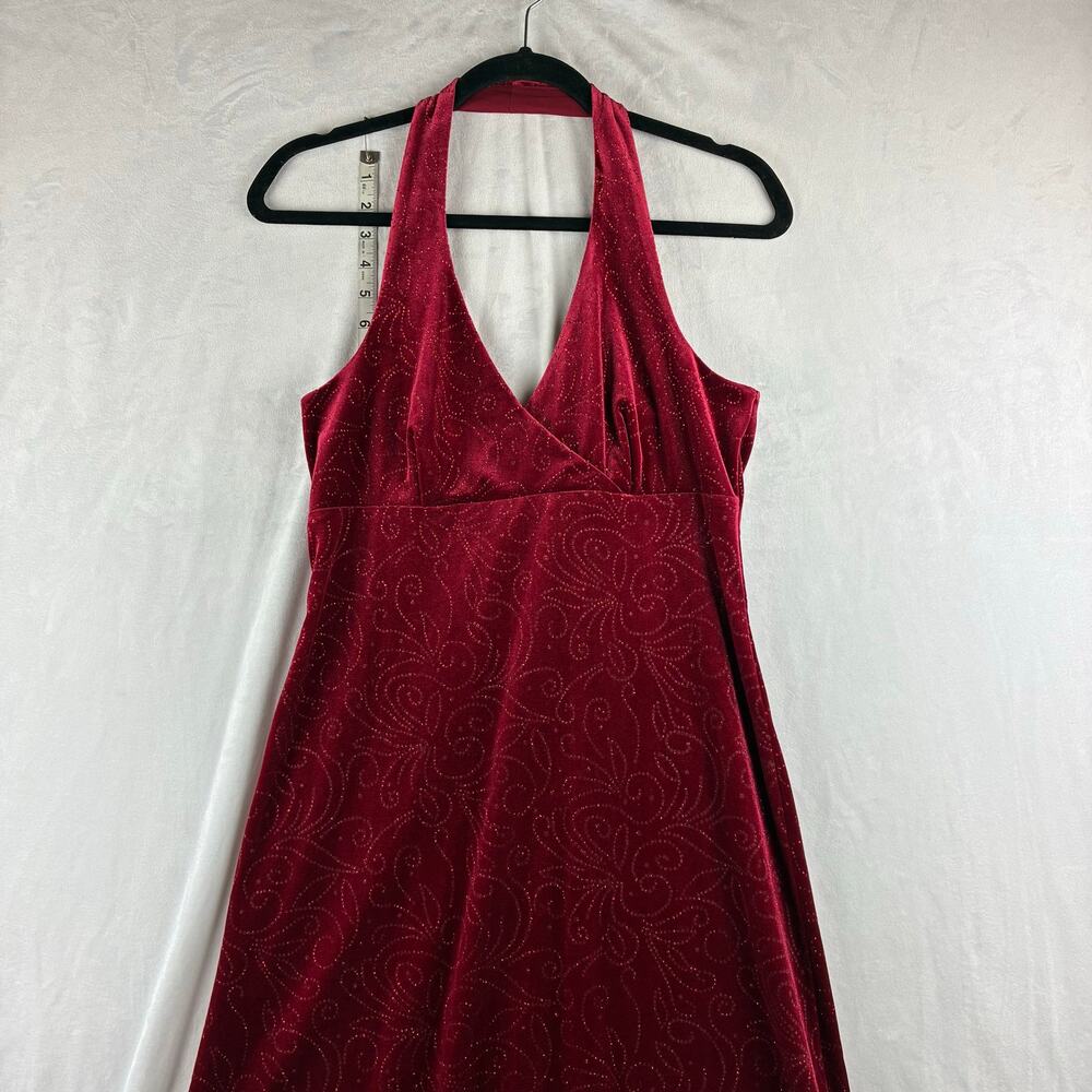 Vtg City Triangles Red Velvet Sparkle Halter Hi Low Dress Prom Gothic Ruffle Mob - Picture 3 of 11